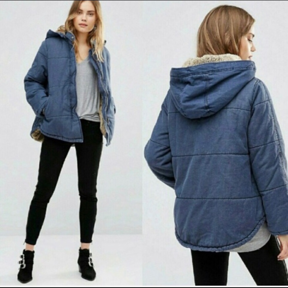 Free People Quilted Denim Fur-Lined Jacket